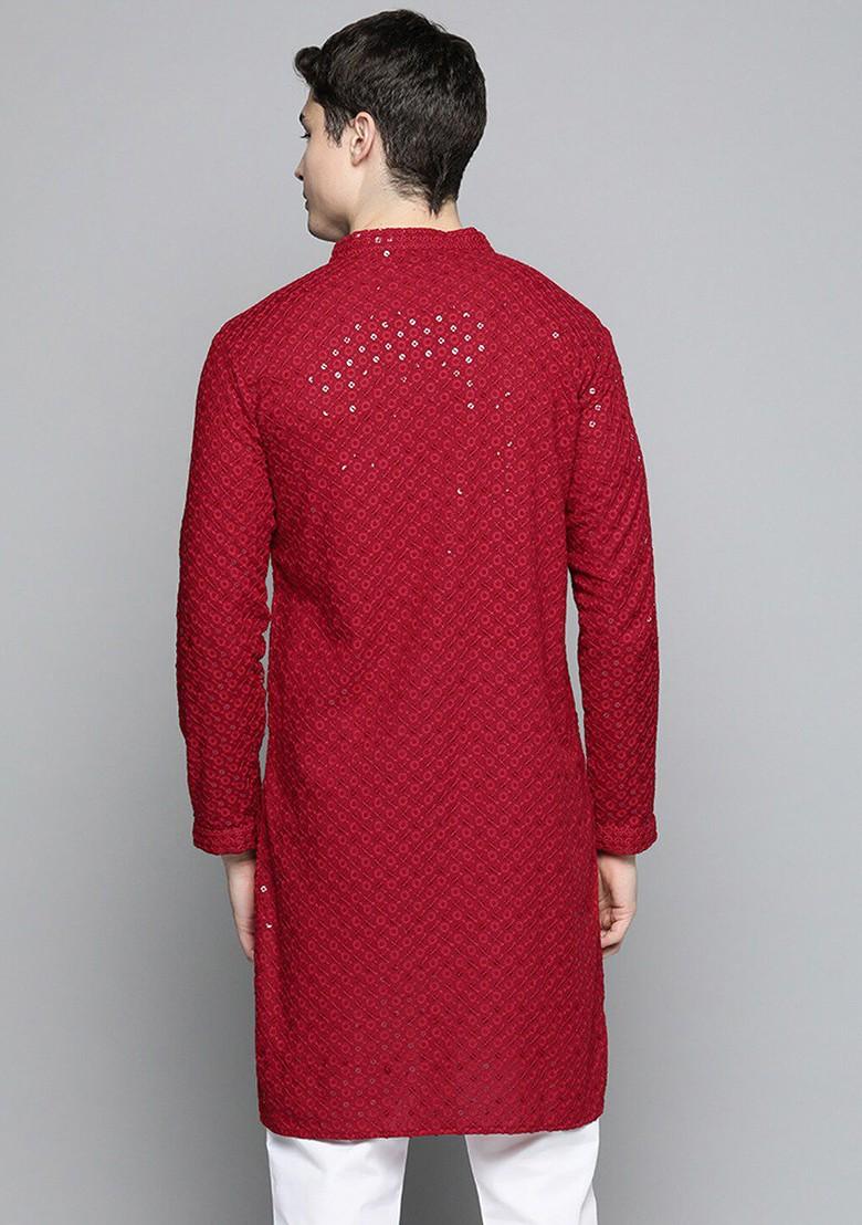 Maroon Embellished Poly Blend Kurta For Men