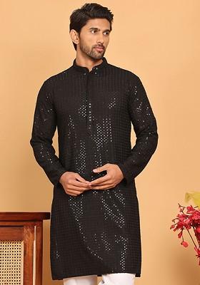 Black Embroidered Poly Blend Kurta For Men