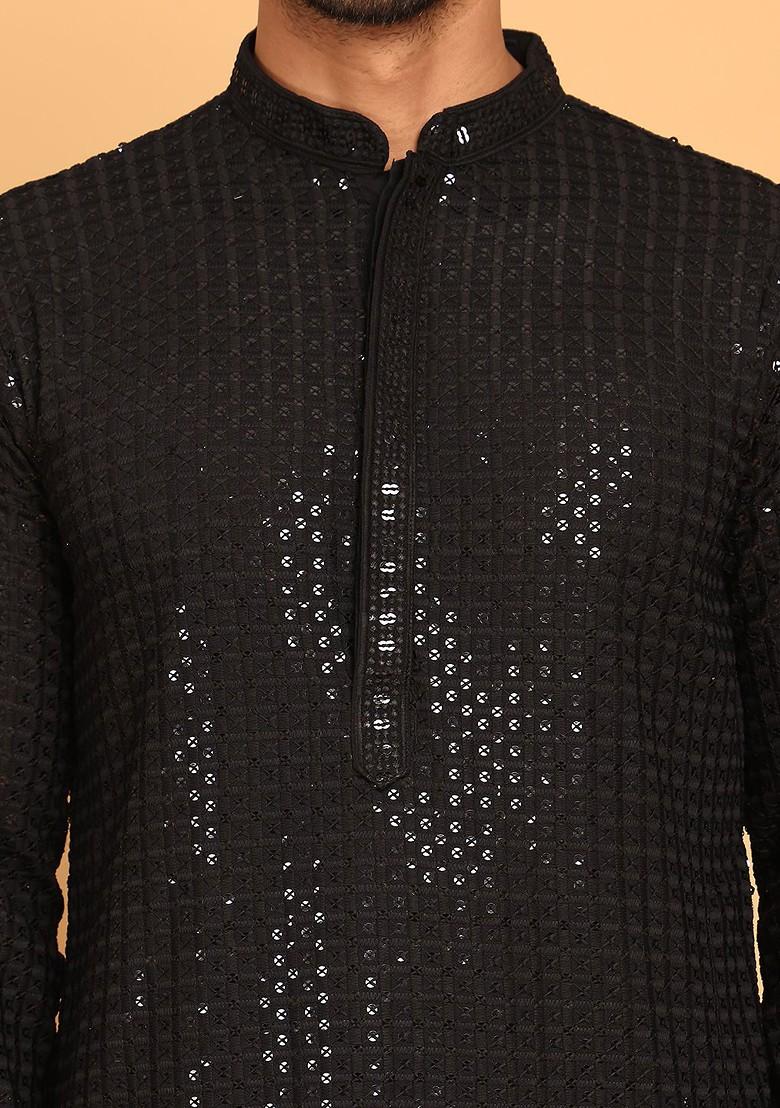 Black Embroidered Poly Blend Kurta For Men