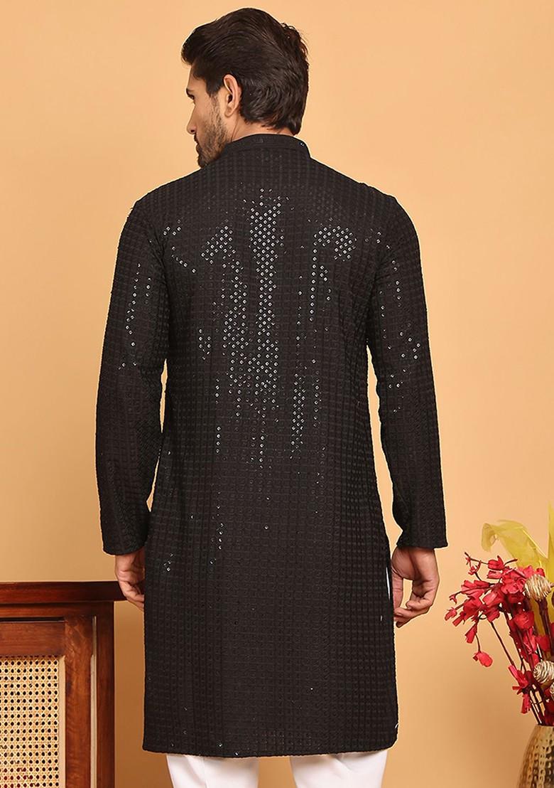 Black Embroidered Poly Blend Kurta For Men
