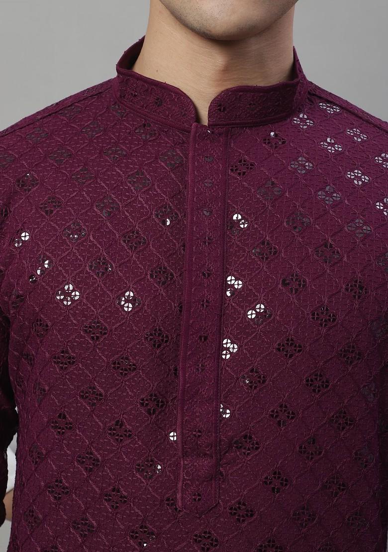 Purple Embroidered Poly Blend Kurta For Men