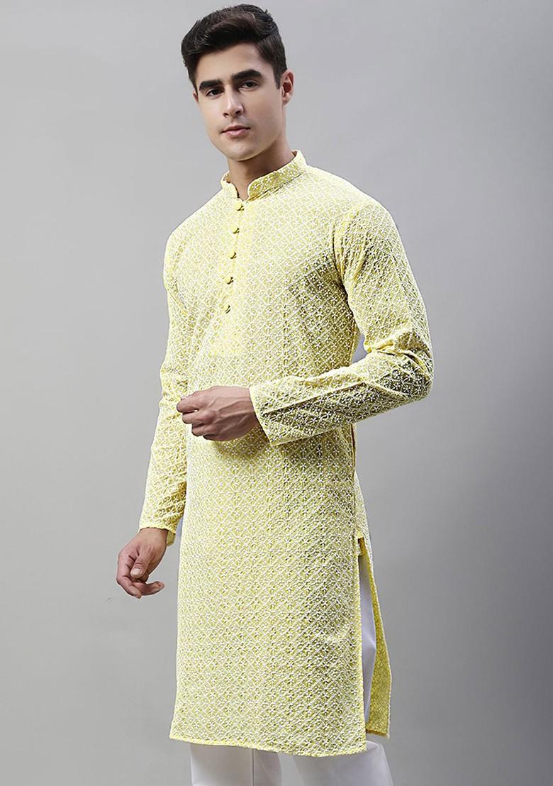 Yellow Embroidered Poly Blend Kurta For Men