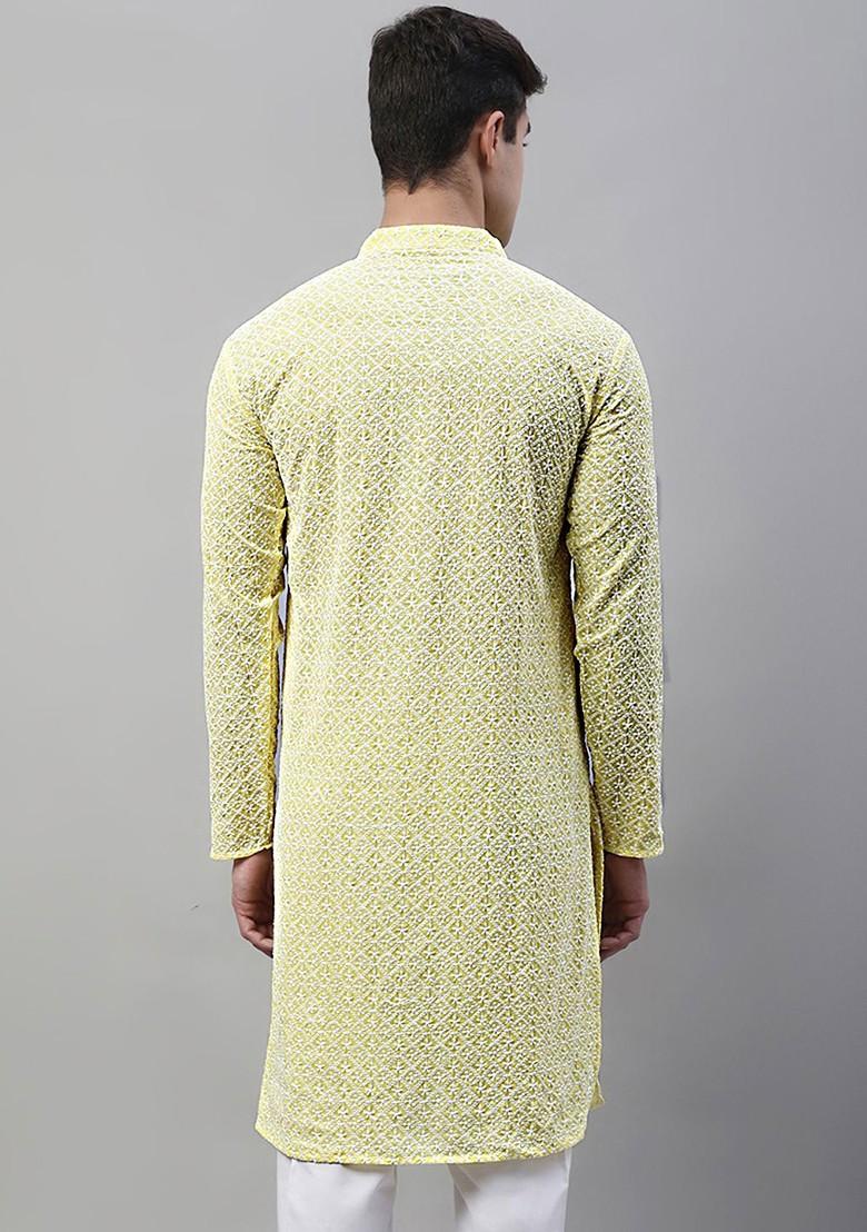 Yellow Embroidered Poly Blend Kurta For Men
