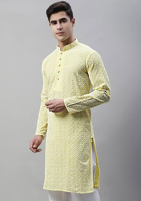 Yellow Embroidered Poly Blend Kurta For Men — view on Indya