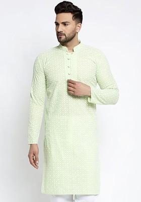 Green Embroidered Poly Blend Kurta For Men
