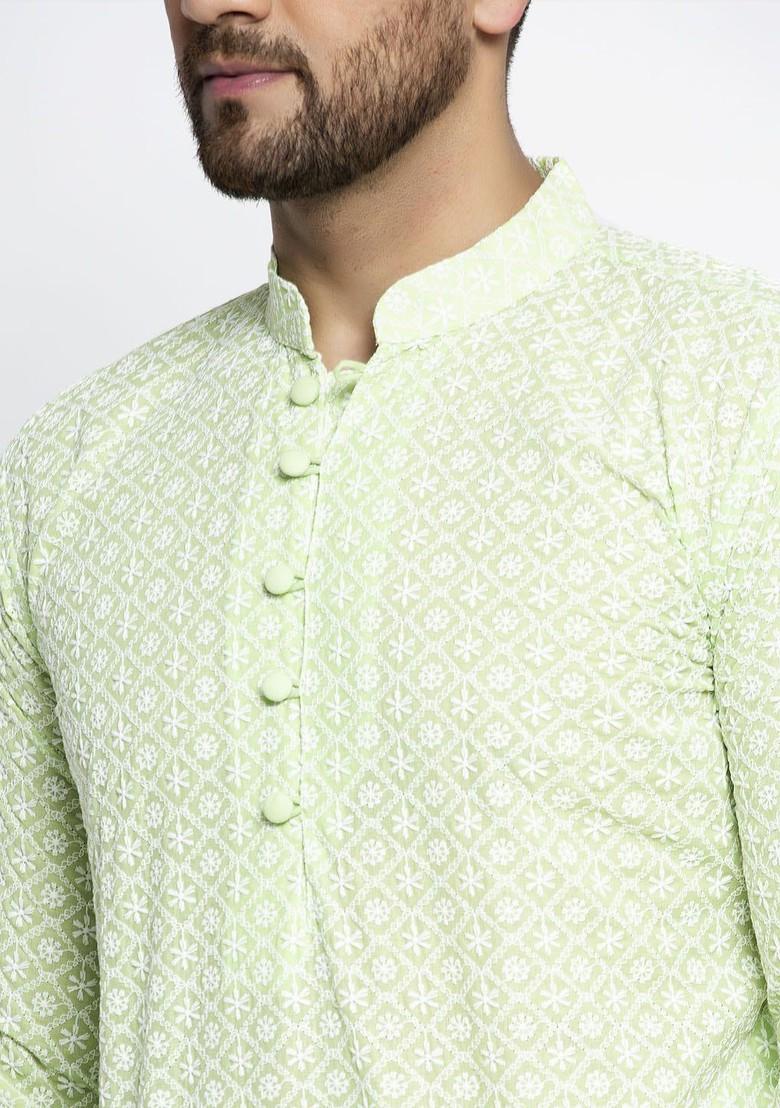 Green Embroidered Poly Blend Kurta For Men