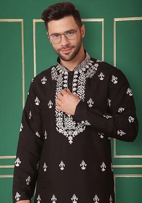 Black Embroidered Poly Blend Kurta For Men