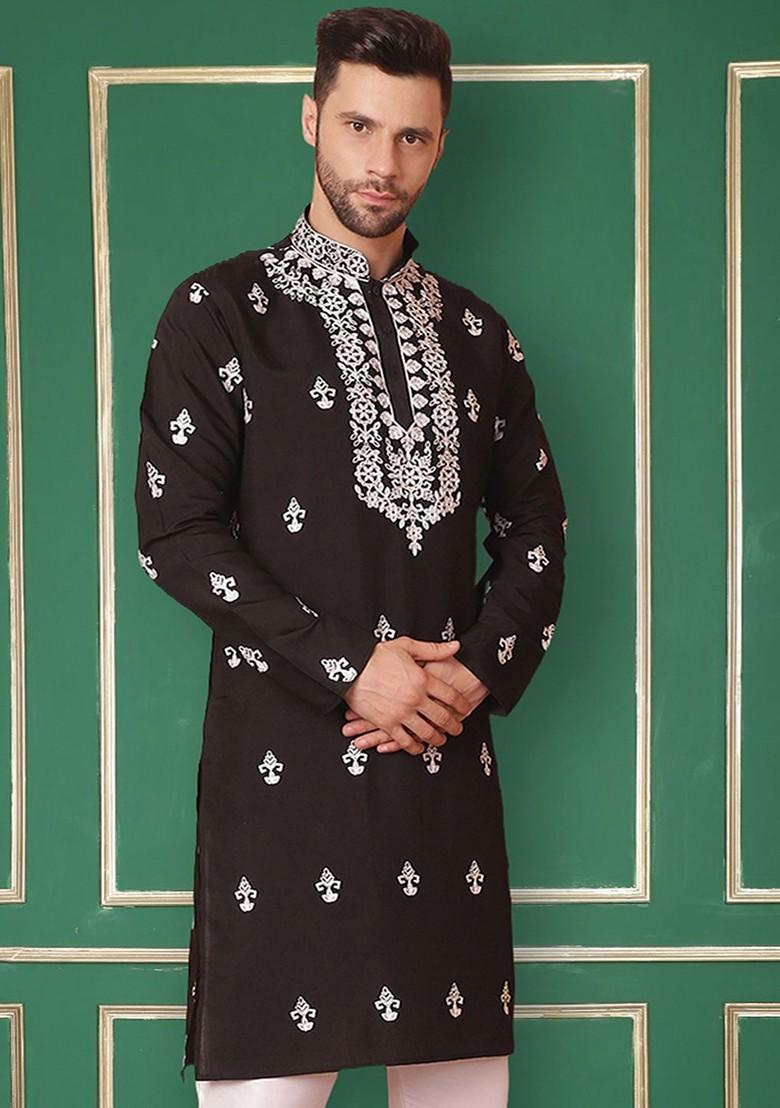Black Embroidered Poly Blend Kurta For Men