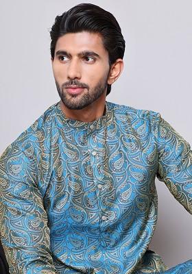 Blue Woven Design Poly Blend Kurta For Men
