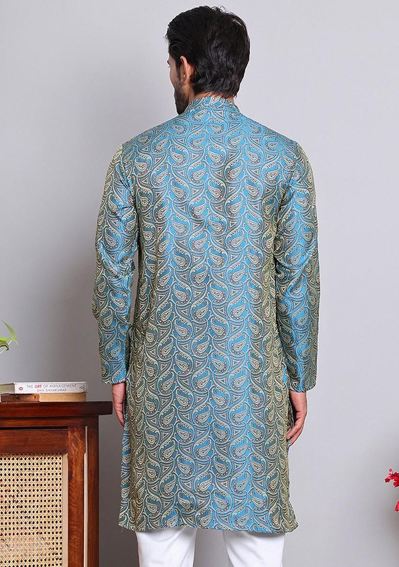 Blue Woven Design Poly Blend Kurta For Men