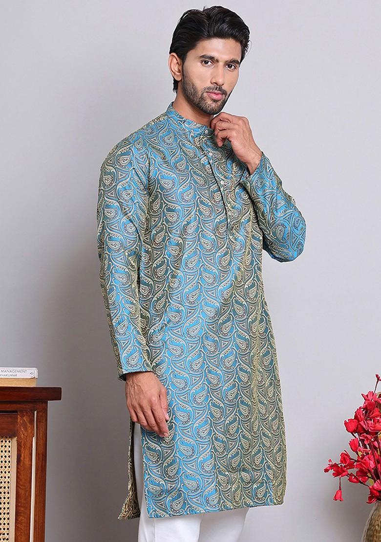 Blue Woven Design Poly Blend Kurta For Men