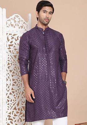 Purple Embroidered Poly Blend Kurta For Men