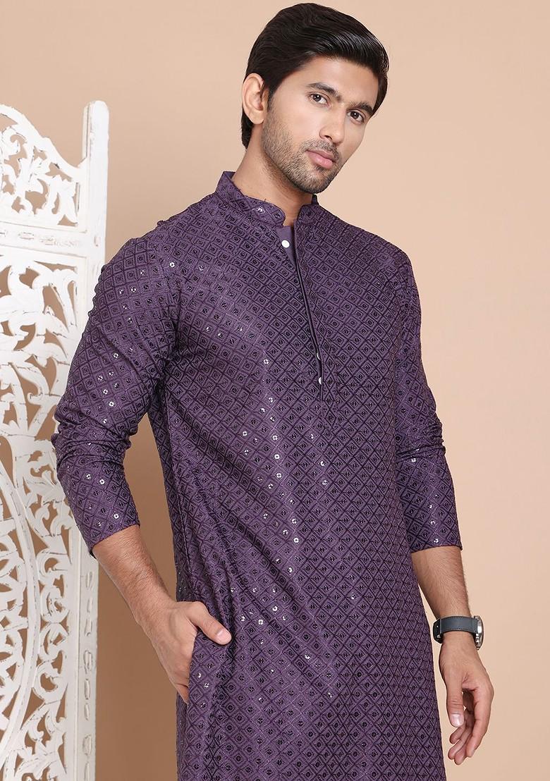 Purple Embroidered Poly Blend Kurta For Men