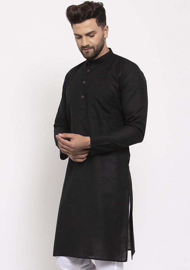 Black Embroidered Poly Blend Kurta For Men