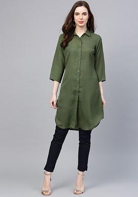 Olive Embroidered Poly Blend Kurta For Men