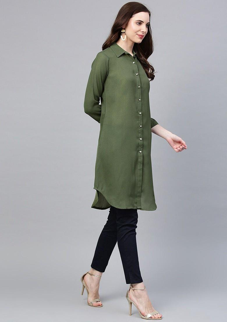 Olive Embroidered Poly Blend Kurta For Men