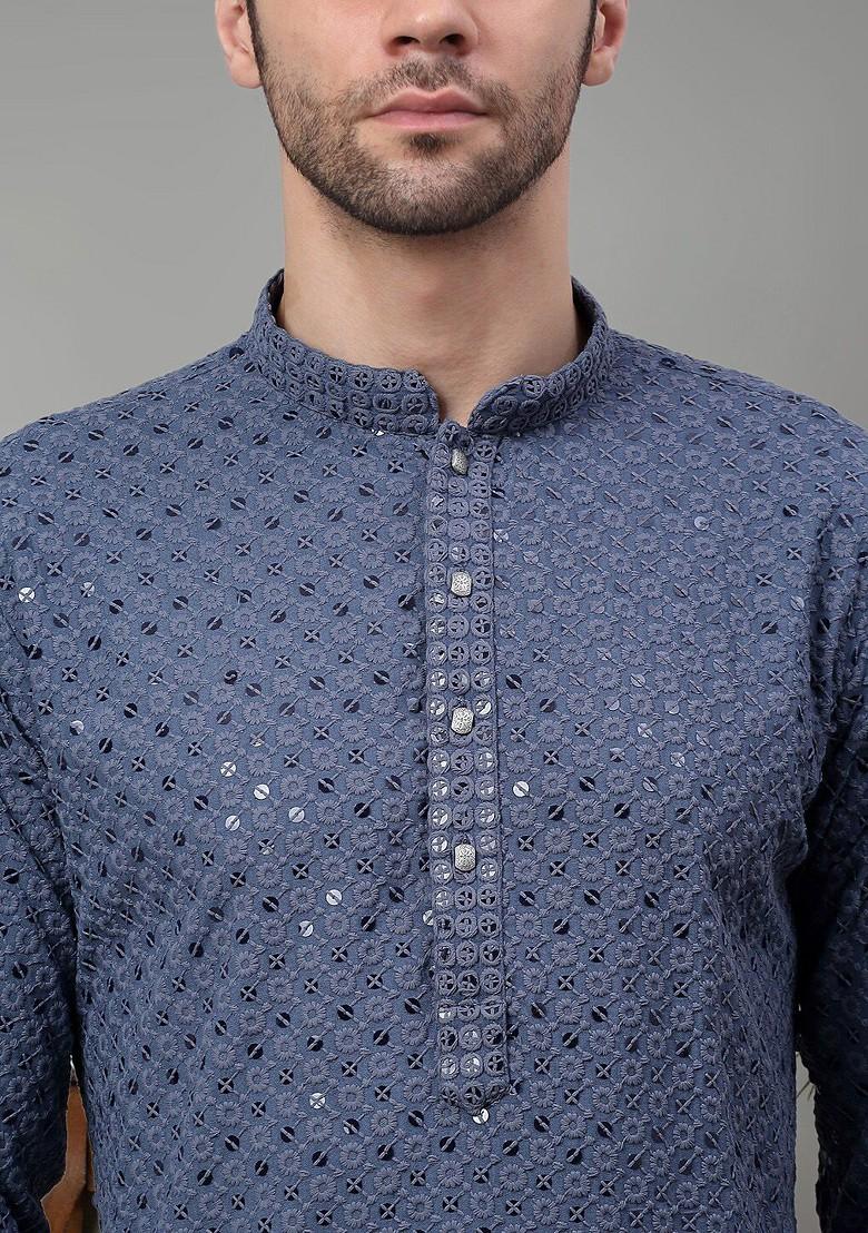 Grey Embroidered Poly Blend Kurta For Men