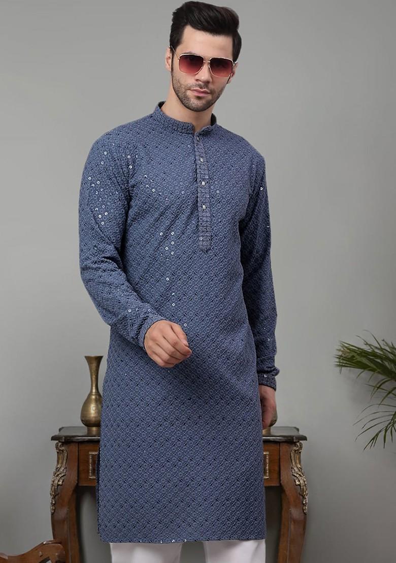Grey Embroidered Poly Blend Kurta For Men