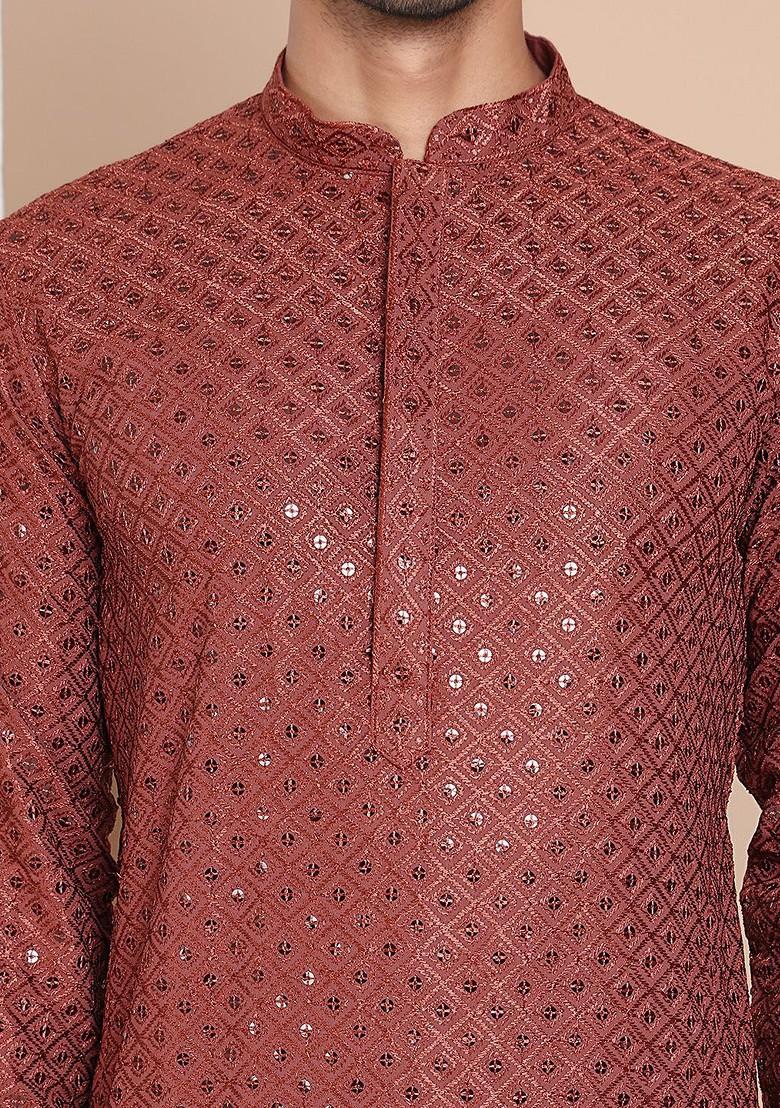 Brown Embroidered Poly Blend Kurta For Men
