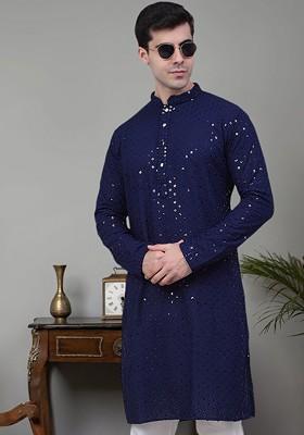 Navy Blue Embroidered Poly Blend Kurta For Men