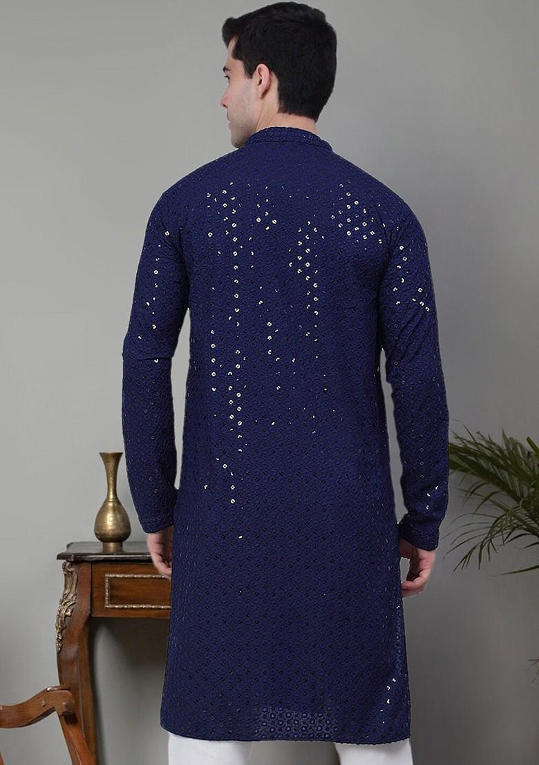 Navy Blue Embroidered Poly Blend Kurta For Men