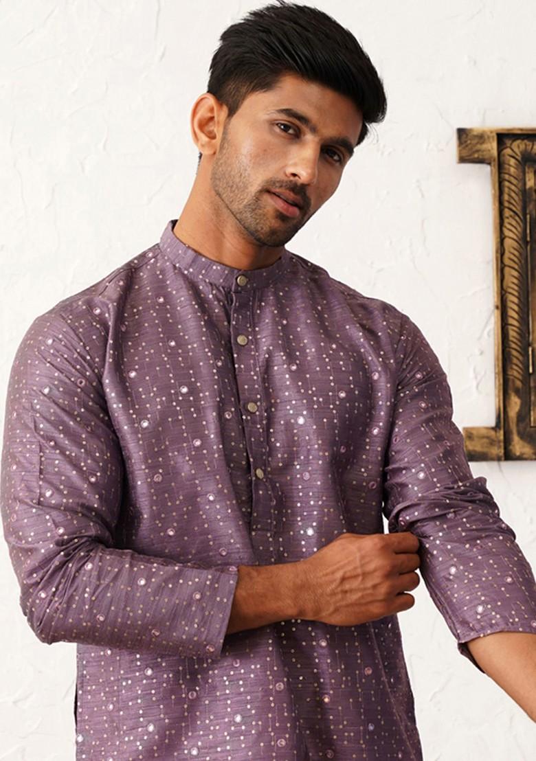 Purple Embroidered Poly Blend Kurta For Men