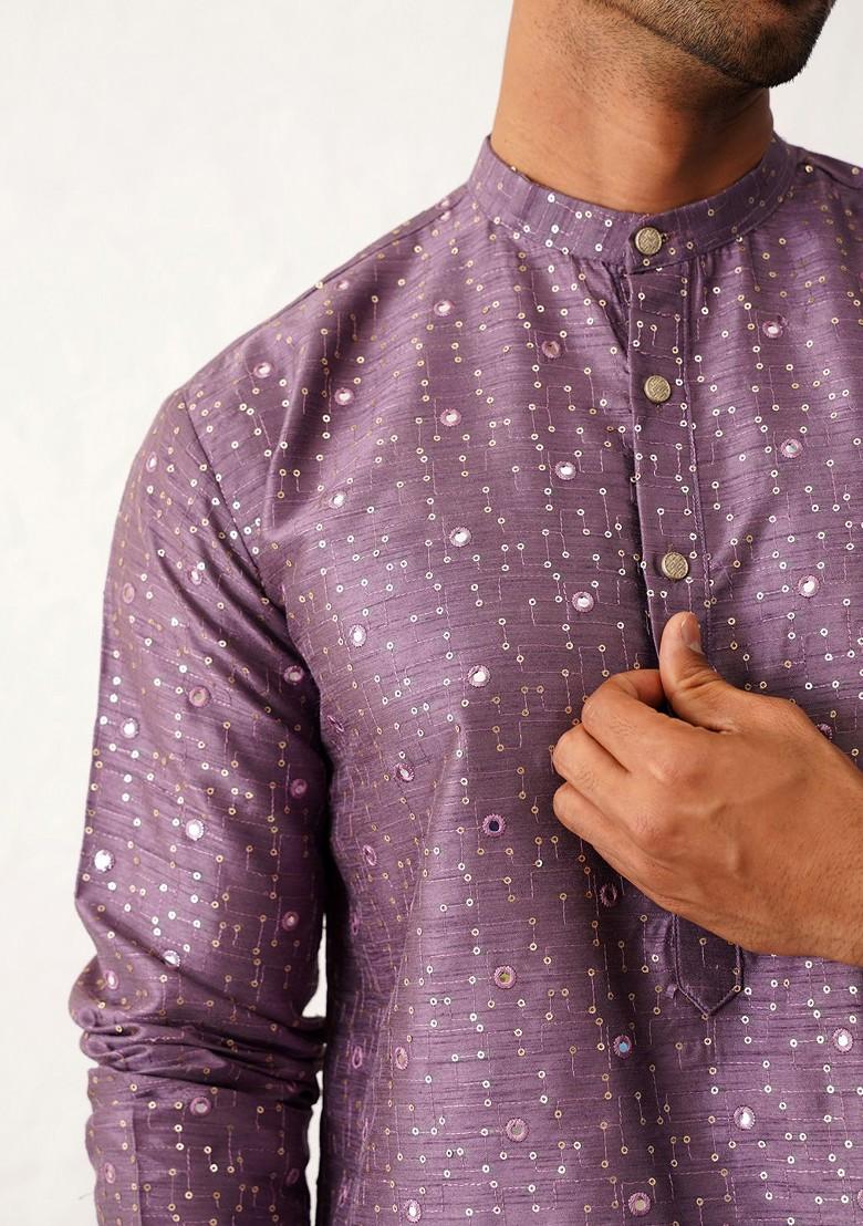 Purple Embroidered Poly Blend Kurta For Men