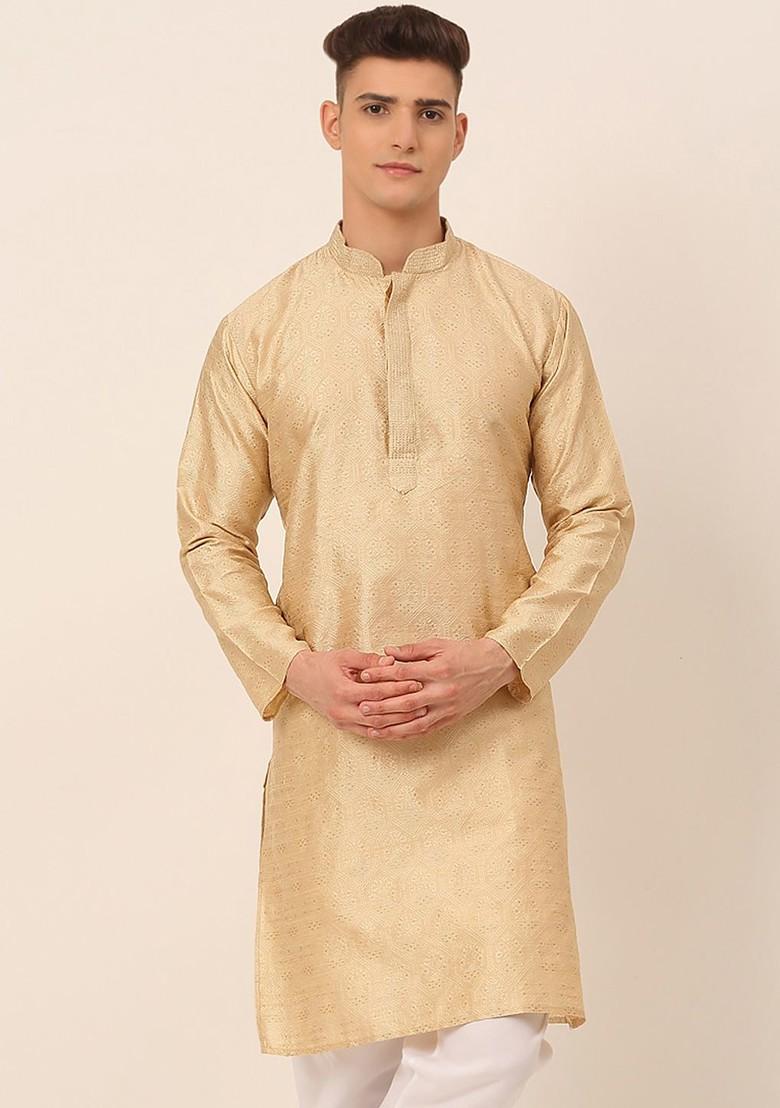 Beige Woven Design Poly Blend Kurta For Men