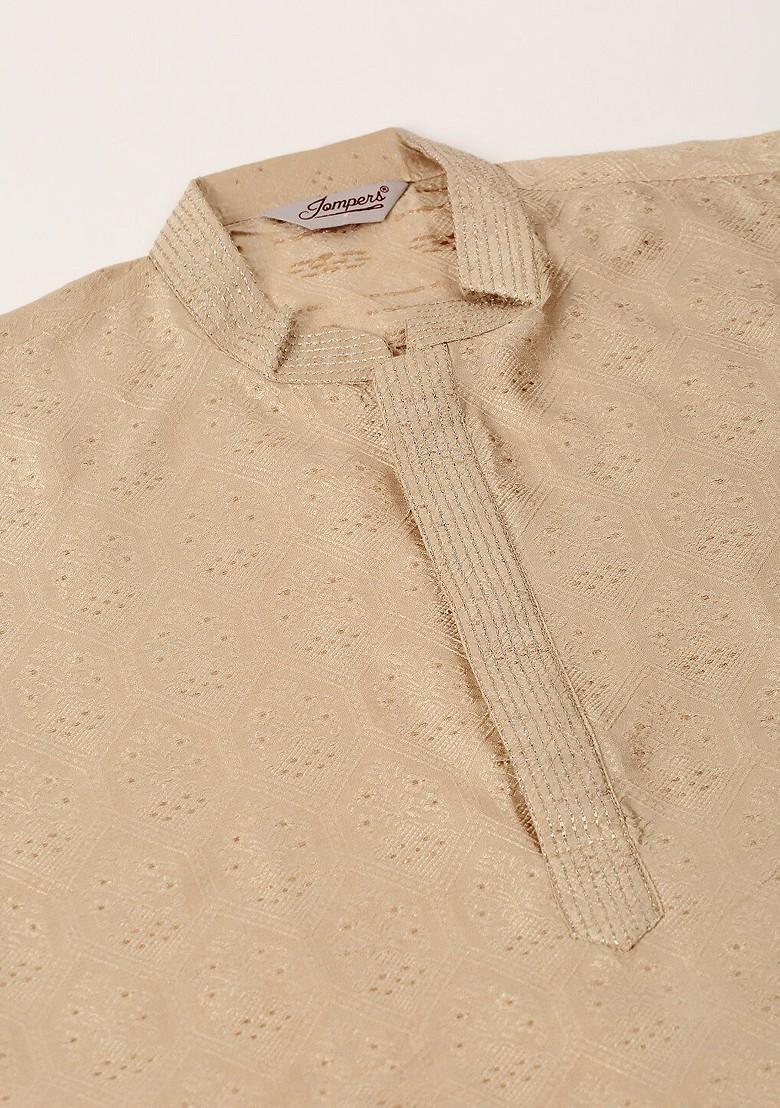 Beige Woven Design Poly Blend Kurta For Men