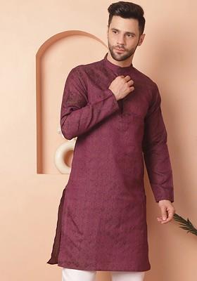 Purple Woven Design Poly Blend Kurta For Men