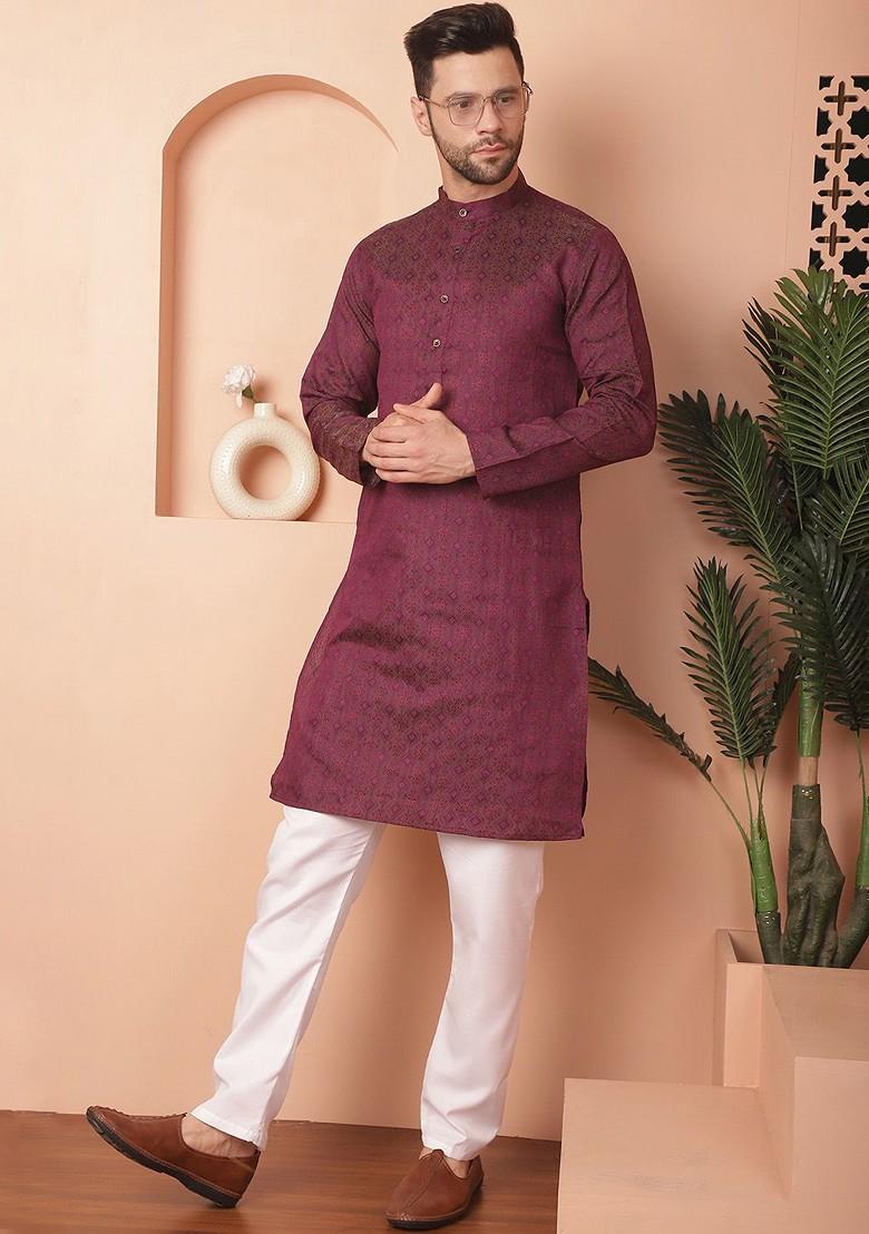 Purple Woven Design Poly Blend Kurta For Men