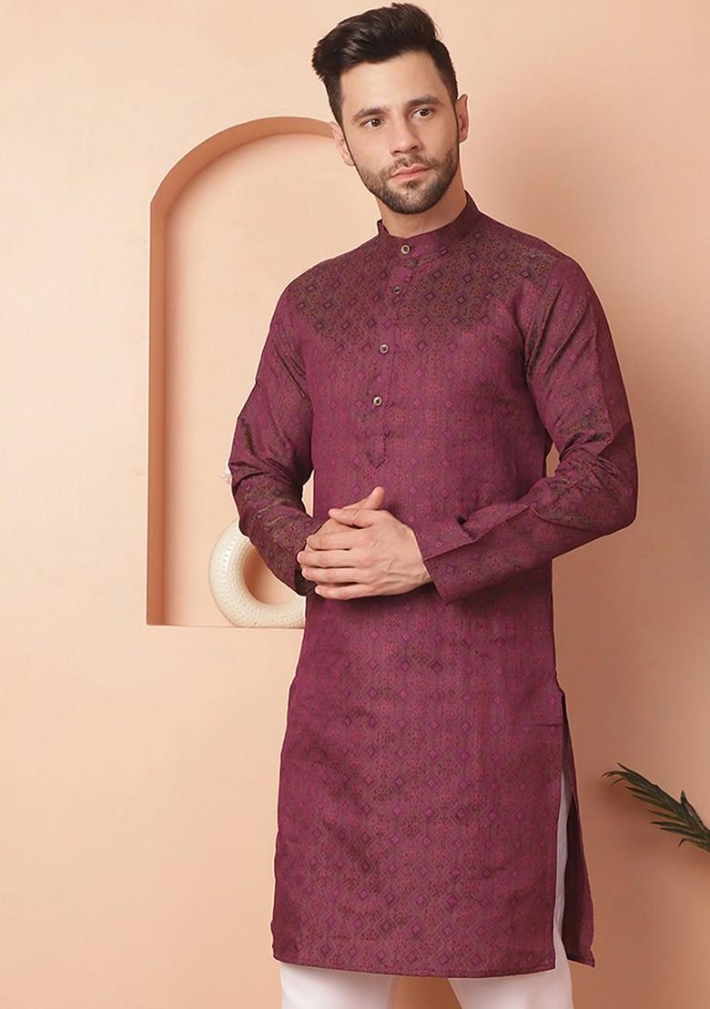 Purple Woven Design Poly Blend Kurta For Men