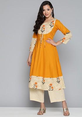 Mustard Yellow Printed Poly Blend Kurta For Men