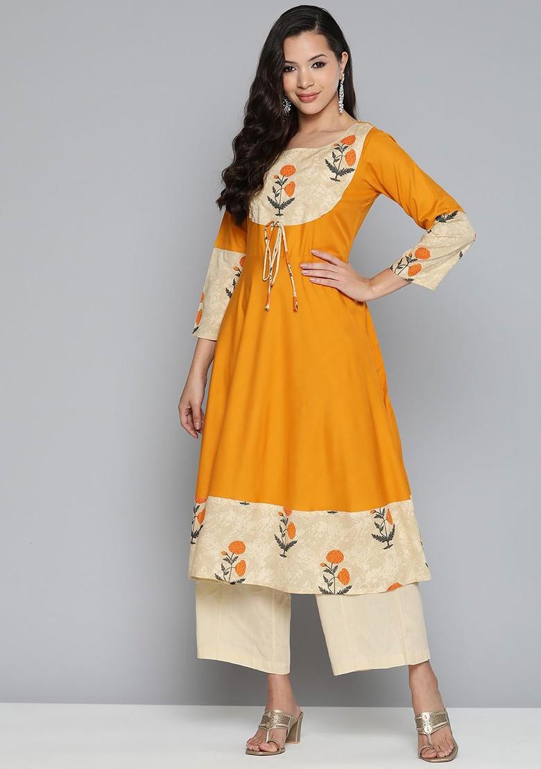 Mustard Yellow Printed Poly Blend Kurta For Men