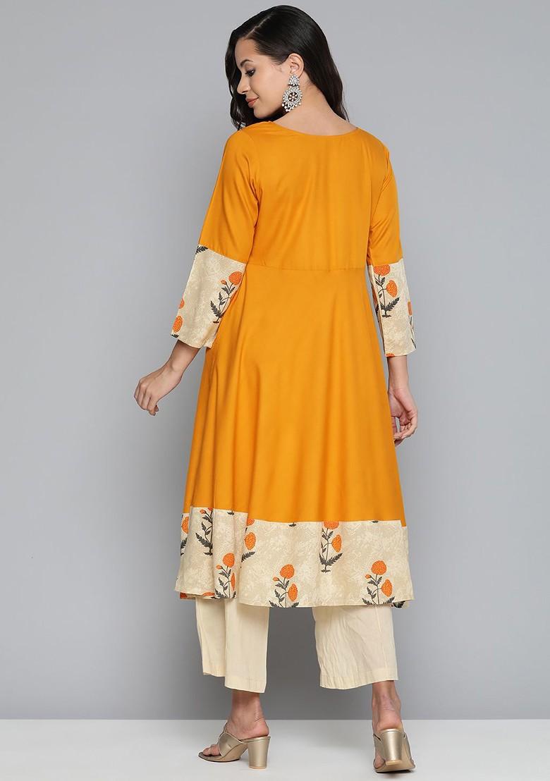 Mustard Yellow Printed Poly Blend Kurta For Men