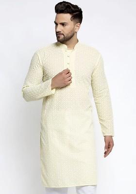 Yellow Printed Poly Blend Kurta For Men