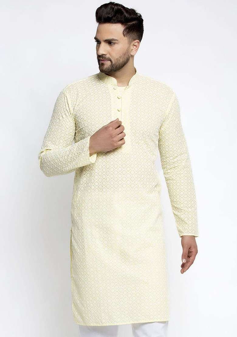 Yellow Printed Poly Blend Kurta For Men - Indya