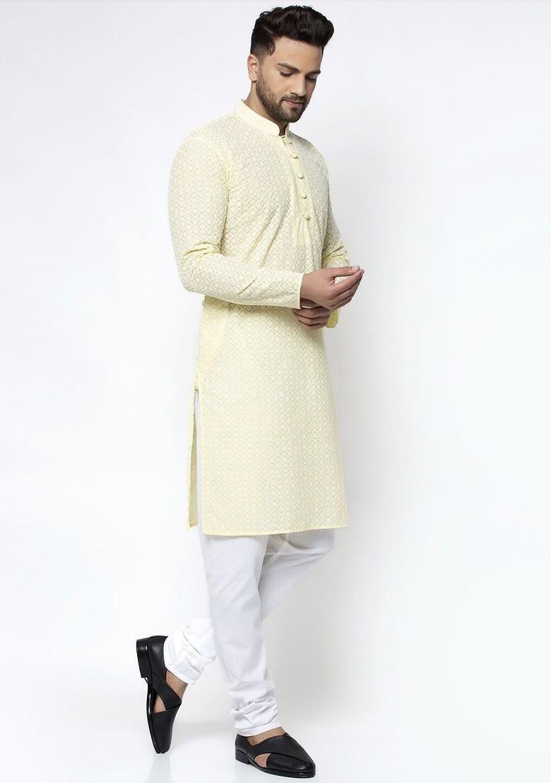 Yellow Printed Poly Blend Kurta For Men