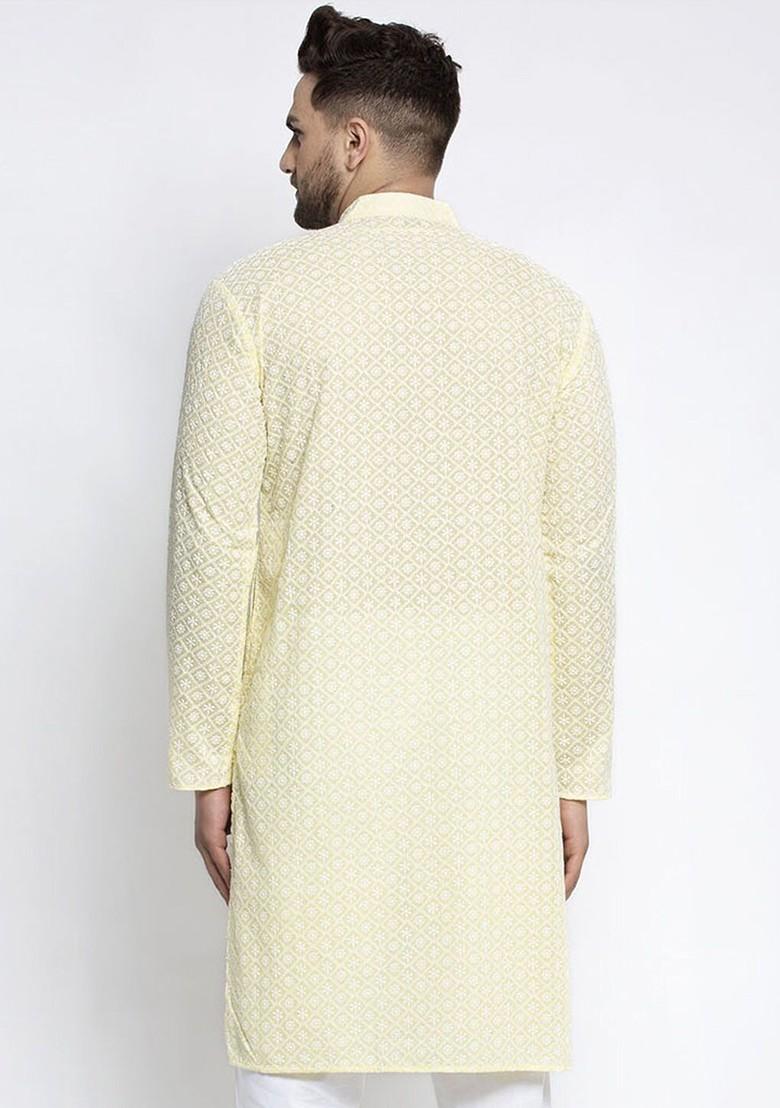 Yellow Printed Poly Blend Kurta For Men