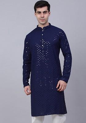 Navy Blue Embroidered Poly Blend Kurta For Men