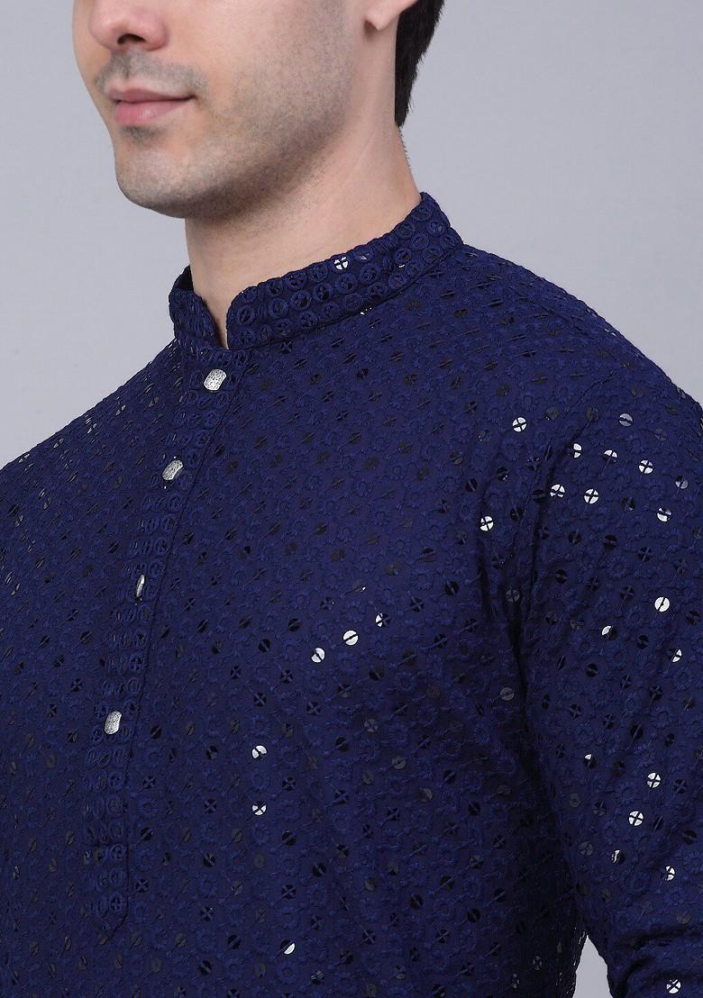 Navy Blue Embroidered Poly Blend Kurta For Men