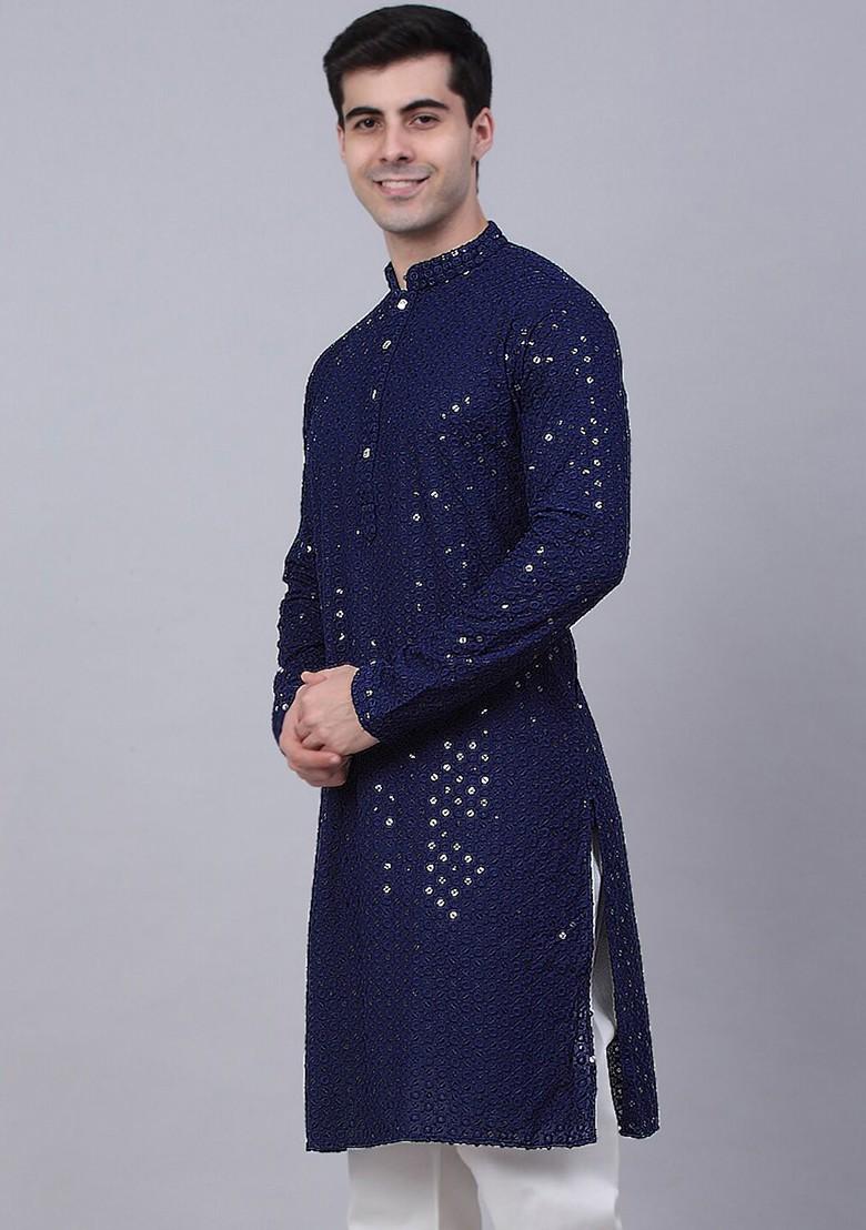 Navy Blue Embroidered Poly Blend Kurta For Men
