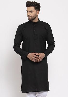 Black Embroidered Poly Blend Kurta For Men