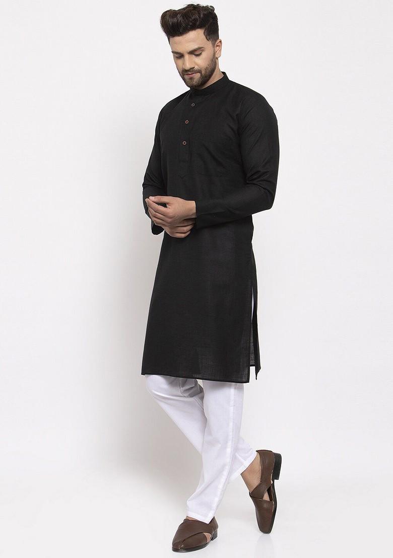 Black Embroidered Poly Blend Kurta For Men