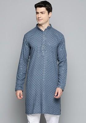 Grey Embroidered Poly Blend Kurta For Men