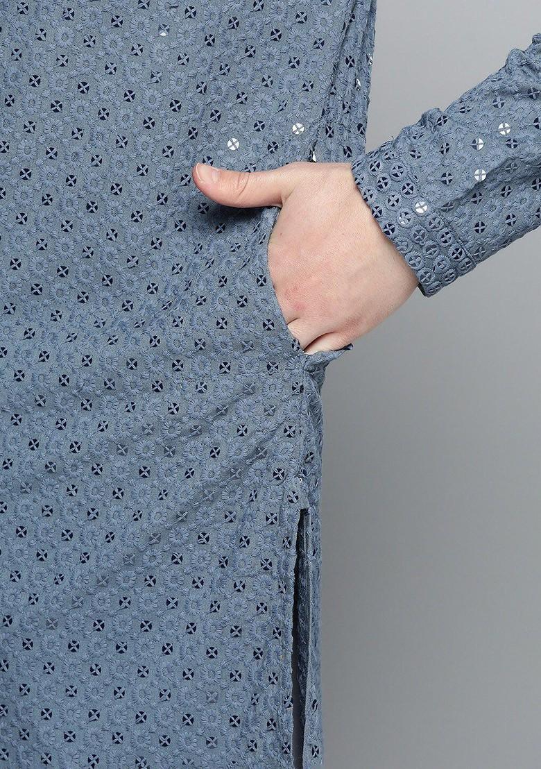 Grey Embroidered Poly Blend Kurta For Men