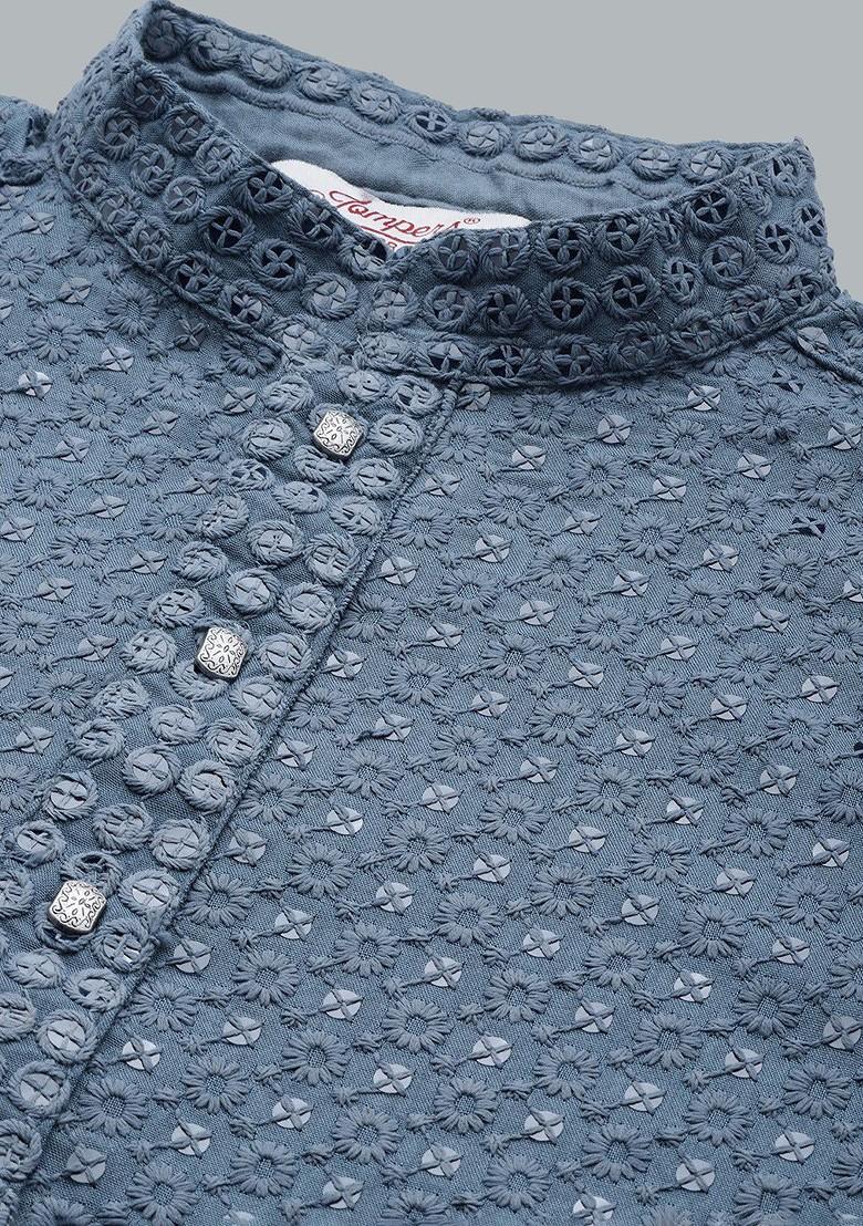 Grey Embroidered Poly Blend Kurta For Men