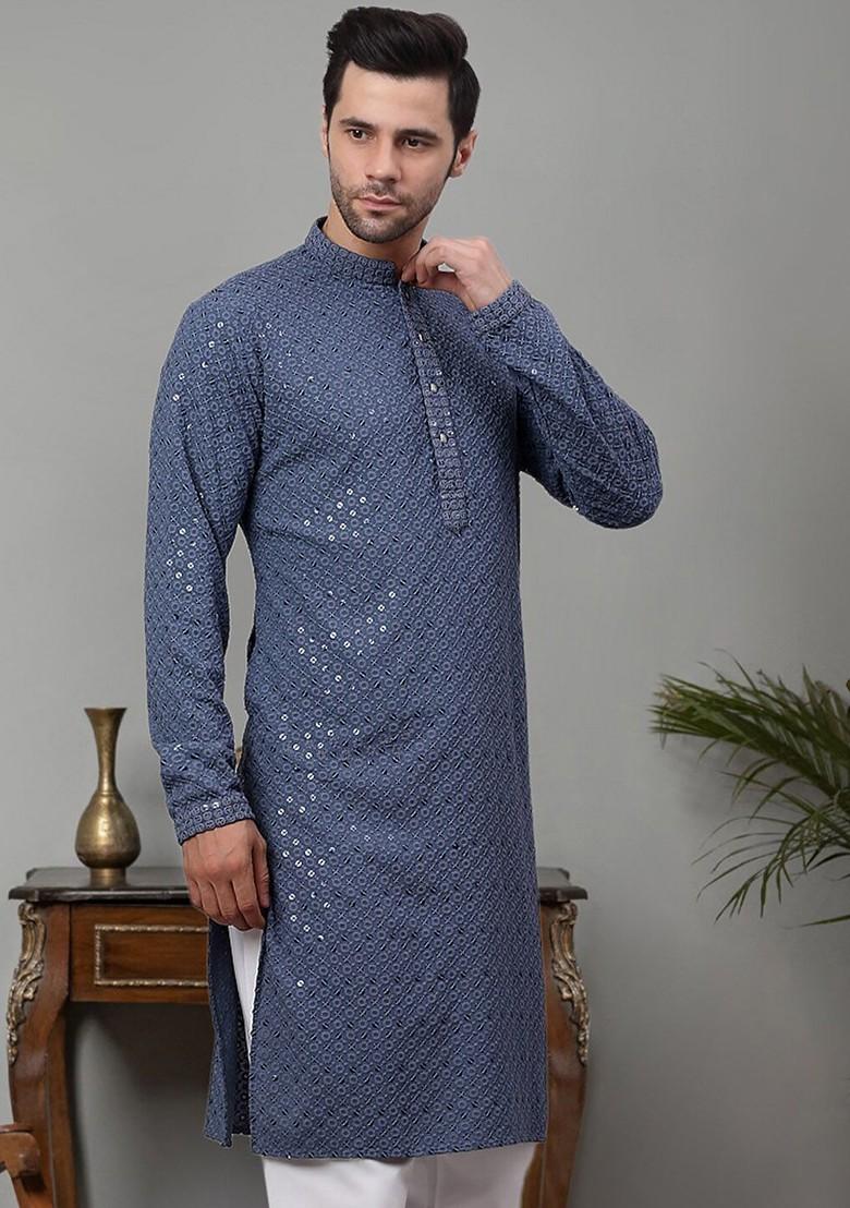 Grey Embroidered Poly Blend Kurta For Men