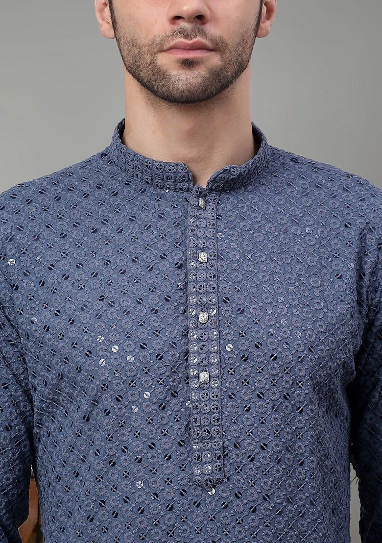 Grey Embroidered Poly Blend Kurta For Men