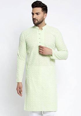 Green Woven Design Poly Blend Kurta For Men